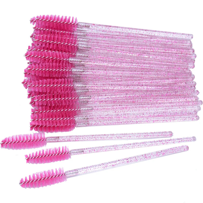 OKAYLASH 50Pcs Disposable Micro Glitter Eyelash Mascara Wands Mini Crystal Eye Lashes Brush Comb Pink White Spoolies