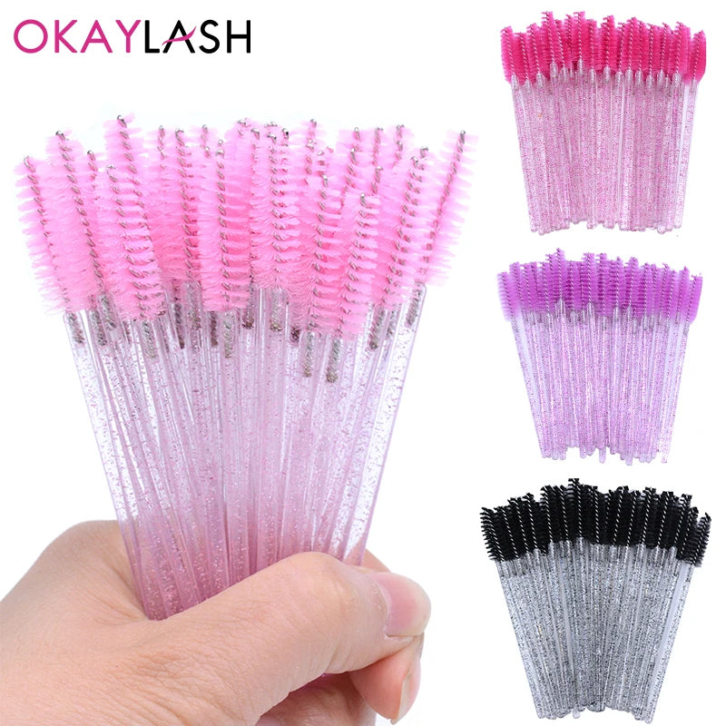 OKAYLASH 50Pcs Disposable Micro Glitter Eyelash Mascara Wands Mini Crystal Eye Lashes Brush Comb Pink White Spoolies